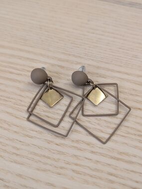 Taupe Geometric Drop Earrings with Gold Accents